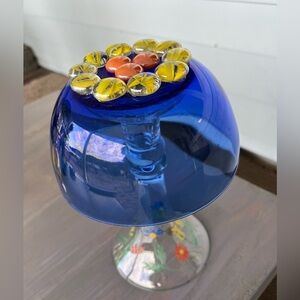 Glass garden mushroom, clear and blue recycled glass